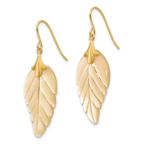 14k Gold Mother Of Pearl Leaf Dangle Earrings- Sparkle & Jade-SparkleAndJade.com SE620