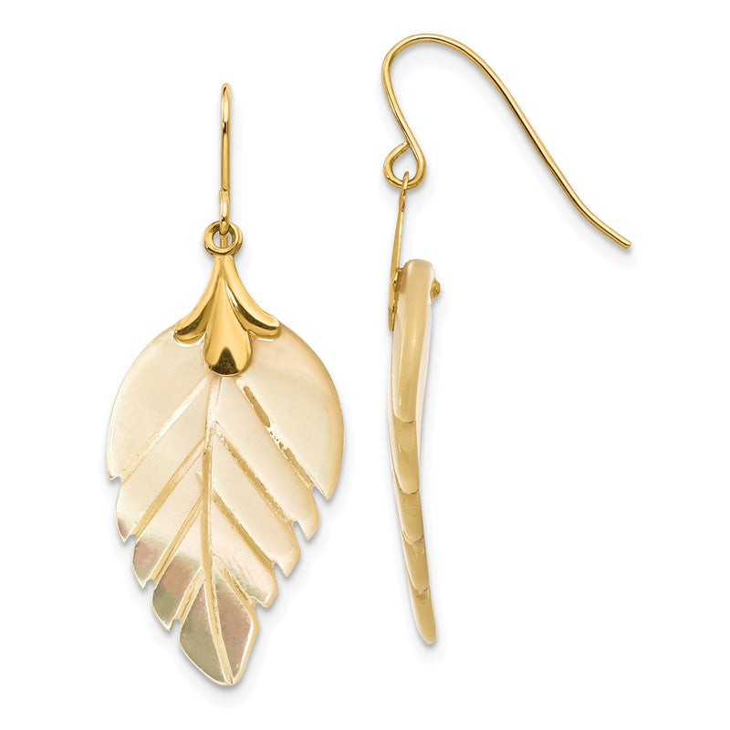 14k Gold Mother Of Pearl Leaf Dangle Earrings- Sparkle & Jade-SparkleAndJade.com SE620
