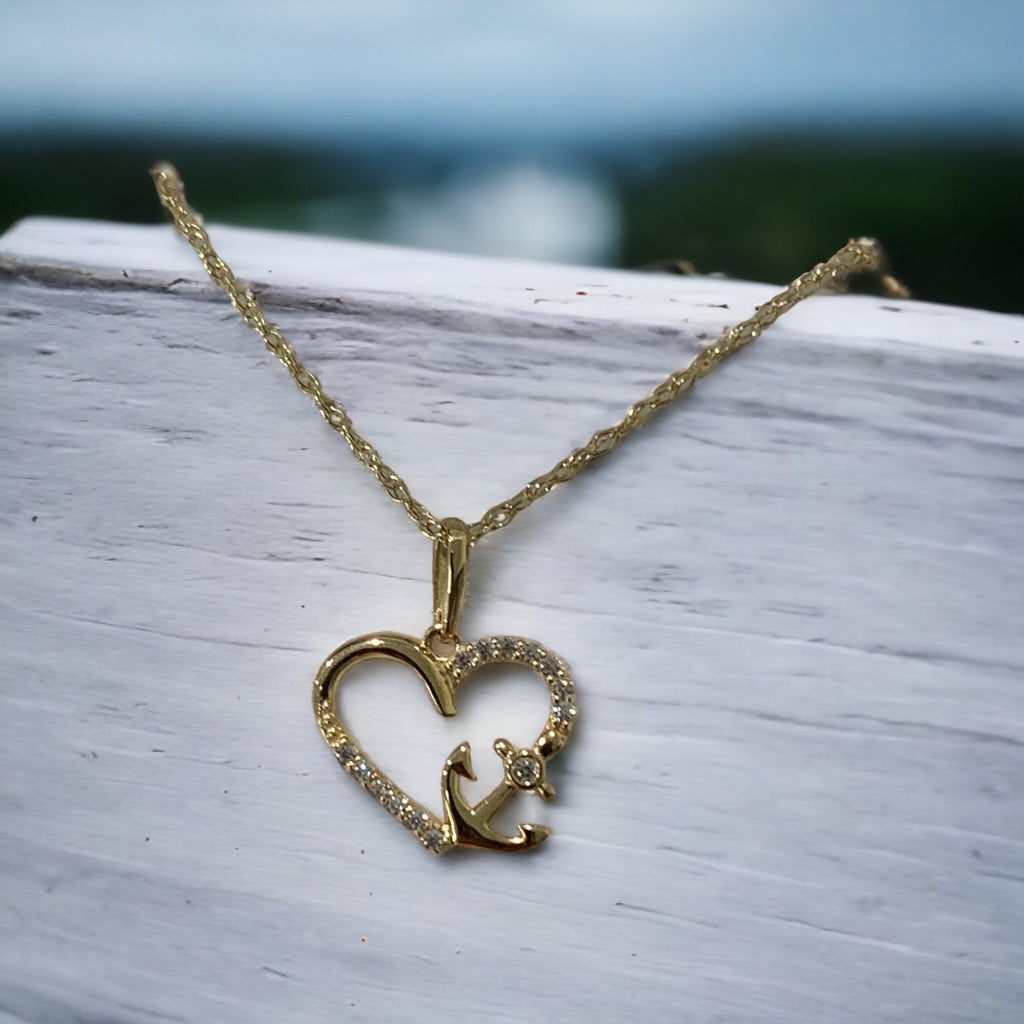14k Gold Petite CZ with Anchor Heart Pendant- Sparkle & Jade-SparkleAndJade.com YC1507