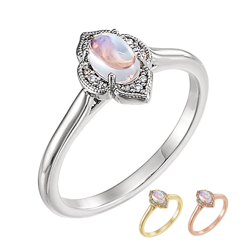 14k Gold Rainbow Moonstone and .03 CTW Diamond Clover Ring- Sparkle & Jade-SparkleAndJade.com 