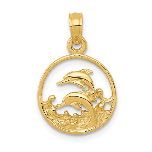 14k Gold Solid Small Double Dolphin 15mm Circle Pendant- Sparkle & Jade-SparkleAndJade.com 