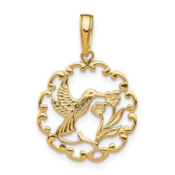 14k Gold Textured Flower Frame Hummingbird Pendant- Sparkle & Jade-SparkleAndJade.com D4195