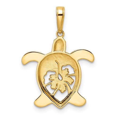 14k Gold with D/C White Rhodium Floral Sea Turtle Pendant- Sparkle & Jade-SparkleAndJade.com M2996