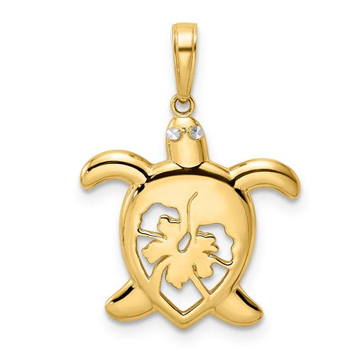 14k Gold with D/C White Rhodium Floral Sea Turtle Pendant- Sparkle & Jade-SparkleAndJade.com M2996