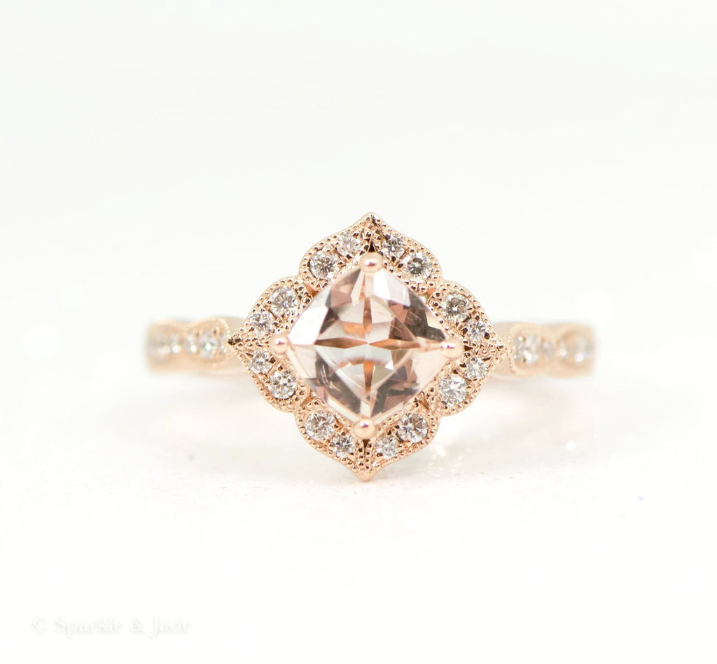 14k Rose Gold Cushion Cut Morganite Diamond Halo Engagement Ring- Sparkle & Jade-SparkleAndJade.com R12081P-MO