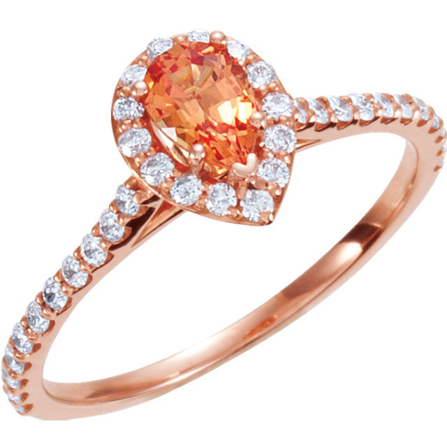 14k Rose Gold Pear Lab Created Padparadscha Sapphire & Diamond Halo Engagement Ring- Sparkle & Jade-SparkleAndJade.com 68871:135:P