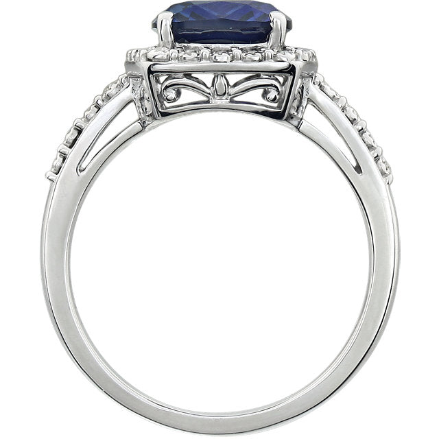 14k White Gold 10x8 Antique Cushion Created Blue Sapphire & Diamond Halo Ring- Sparkle & Jade-SparkleAndJade.com 651426:70002:P