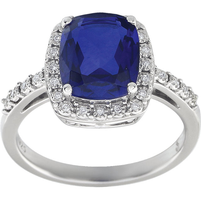 14k White Gold 10x8 Antique Cushion Created Blue Sapphire & Diamond Halo Ring- Sparkle & Jade-SparkleAndJade.com 651426:70002:P