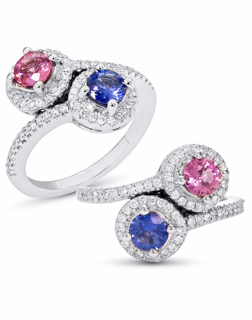 14k White Gold 2-Stone Pink and Blue Sapphire Diamond Halo Ring- Sparkle & Jade-SparkleAndJade.com R11993W-SAP
