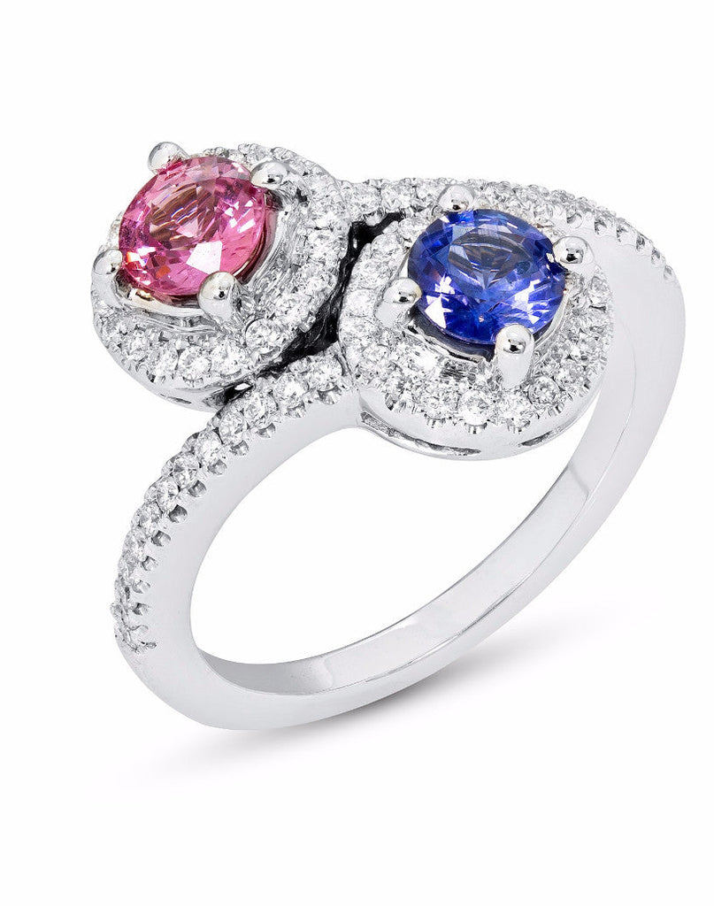14k White Gold 2-Stone Pink and Blue Sapphire Diamond Halo Ring- Sparkle & Jade-SparkleAndJade.com R11993W-SAP