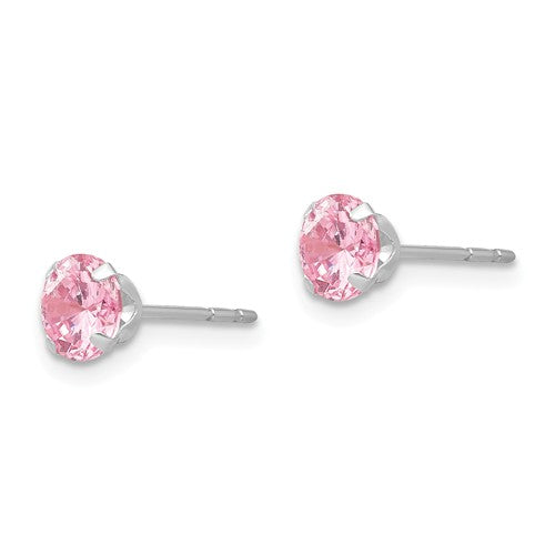 14k White Gold 5mm Round Pink CZ Stud Post Earrings- Sparkle & Jade-SparkleAndJade.com SE480