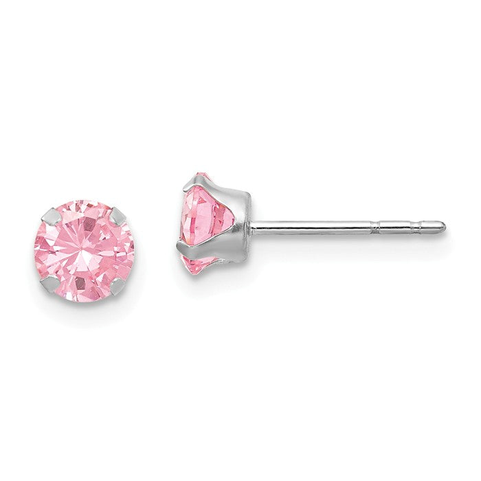 14k White Gold 5mm Round Pink CZ Stud Post Earrings- Sparkle & Jade-SparkleAndJade.com SE480