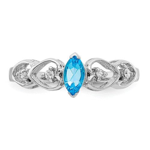 14k White Gold 6x3mm Marquise Swiss Blue Topaz AA Diamond Heart Band Ring- Sparkle & Jade-SparkleAndJade.com X9699BT/AA