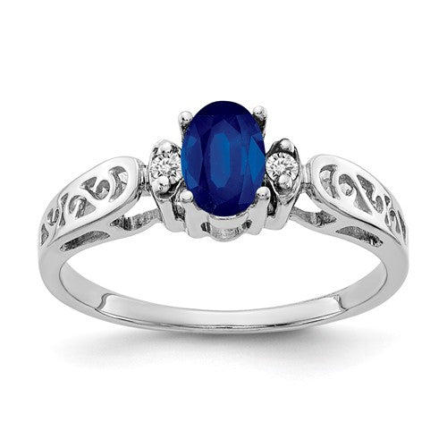 14k White Gold 6x4mm Oval Blue Sapphire and Diamond Filigree Side Ring- Sparkle & Jade-SparkleAndJade.com X9735S/AAA