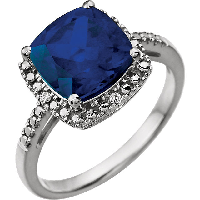 14k White Gold 9mm Cushion Cut Created Blue Sapphire & Diamond Halo-Style Ring- Sparkle & Jade-SparkleAndJade.com 651604:104:P