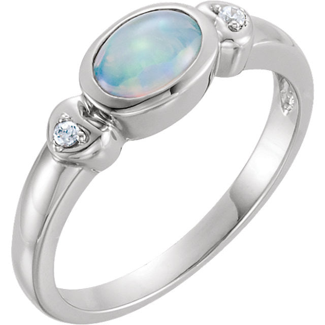 14k White Gold Bezel Oval Genuine Australian Opal & Diamond Hearts Ring- Sparkle & Jade-SparkleAndJade.com 71133:70000:P