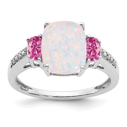 14k White Gold Cushion Created Opal, Pink Sapphire And Diamond Ring- Sparkle & Jade-SparkleAndJade.com RM7258-OP-002-WA
