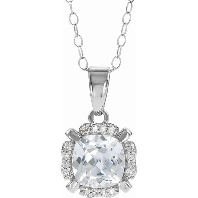 14k White Gold Cushion Gemstone & .05 CTW Diamond Halo 18" Necklaces- Sparkle & Jade-SparkleAndJade.com 651953:60004:P
