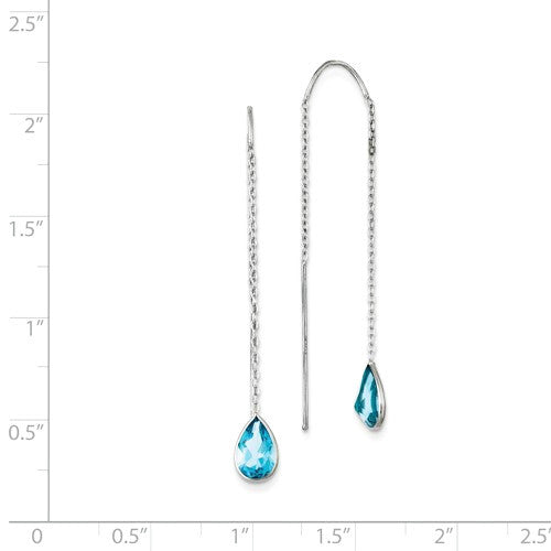 14k White Gold Genuine Blue Topaz Pear Bezel Threader Earrings- Sparkle & Jade-SparkleAndJade.com YE682
