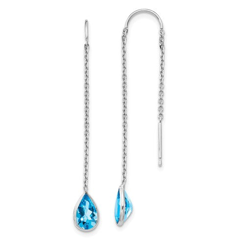 14k White Gold Genuine Blue Topaz Pear Bezel Threader Earrings- Sparkle & Jade-SparkleAndJade.com YE682