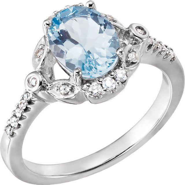 14k White Gold Genuine Oval Aquamarine & Diamond Accented Ring