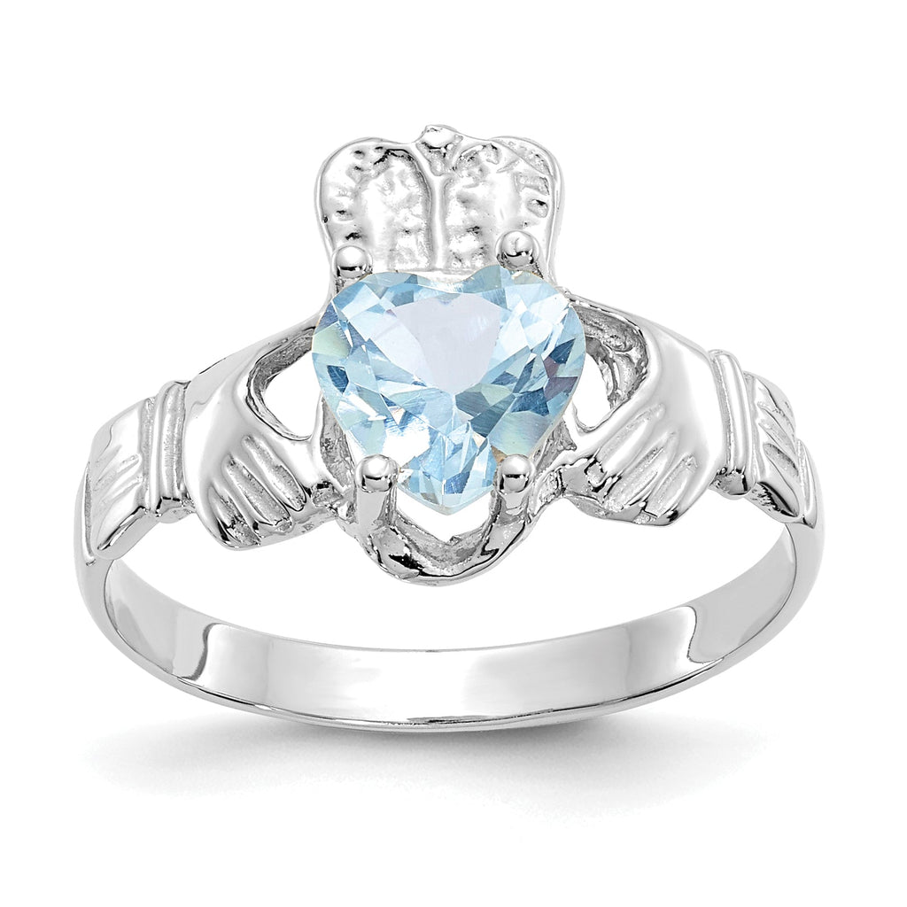 14k White Gold March Aquamarine Heart Claddagh Ring- Sparkle & Jade-SparkleAndJade.com R507