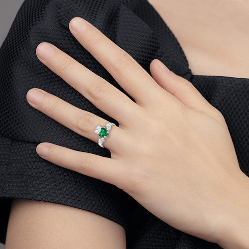 14k White Gold May Emerald Heart Claddagh Ring- Sparkle & Jade-SparkleAndJade.com R503