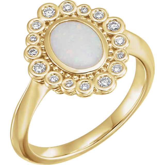14k White Gold Oval Bezel Set Genuine Opal & 1/6 CTW Diamond Halo Ring- Sparkle & Jade-SparkleAndJade.com 71954:606:P