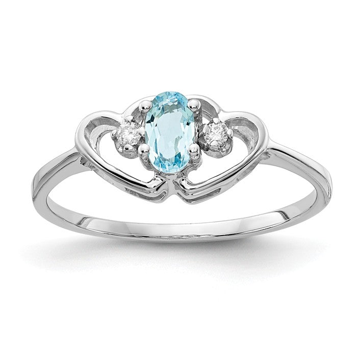 14k White Gold Oval Blue Topaz And AA Diamond Double Heart Ring- Sparkle & Jade-SparkleAndJade.com X9719BT/AA