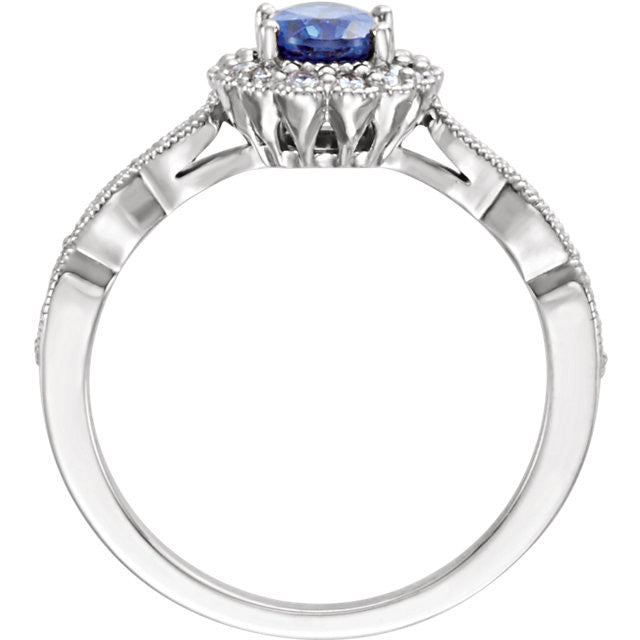 14k White Gold Oval Created Blue Sapphire & Diamond Halo Ring- Sparkle & Jade-SparkleAndJade.com 71795:6000:P
