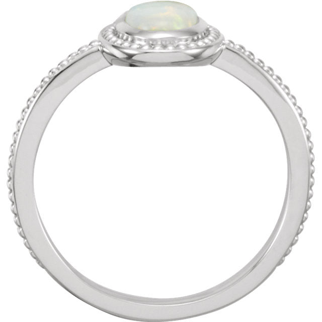 14k White Gold Oval Genuine Australian Opal Cabochon Beaded Ring- Sparkle & Jade-SparkleAndJade.com 71591:70000:P