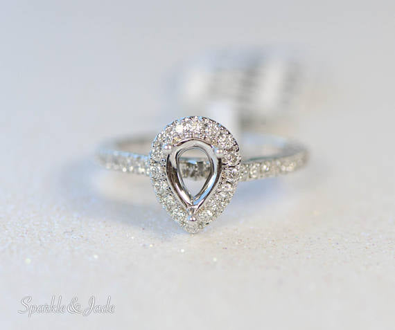 14k White Gold Pear Halo Semi-Mount Engagement Ring- Sparkle & Jade-SparkleAndJade.com 