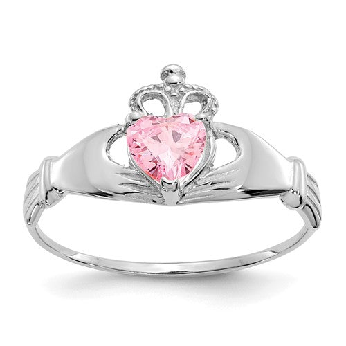 14k White Gold Pink CZ Heart Claddagh Ring- Sparkle & Jade-SparkleAndJade.com D1789