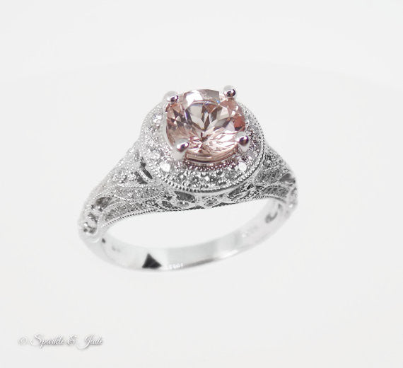 14k White Gold Round Morganite and Diamond Halo Vintage Style Engagement Ring- Sparkle & Jade-SparkleAndJade.com 