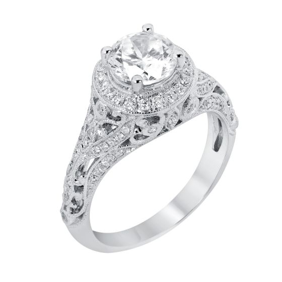 14k White Gold Round Morganite and Diamond Halo Vintage Style Engagement Ring- Sparkle & Jade-SparkleAndJade.com R12052W