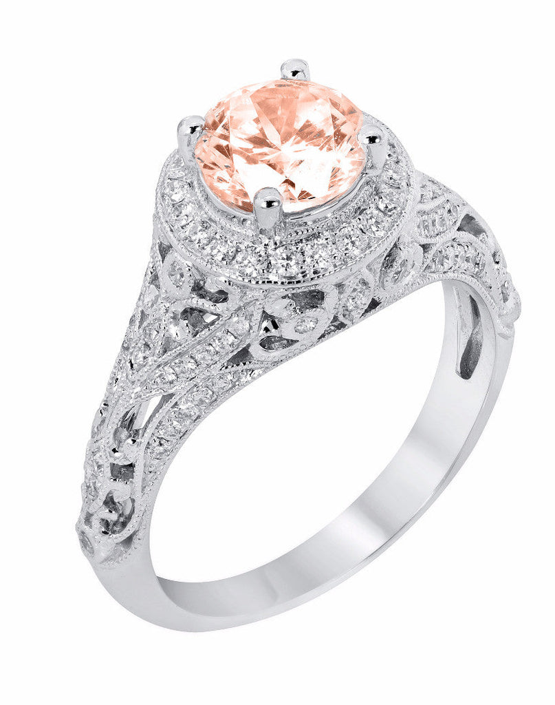 14k White Gold Round Morganite and Diamond Halo Vintage Style Engagement Ring- Sparkle & Jade-SparkleAndJade.com R12052W-Morganite