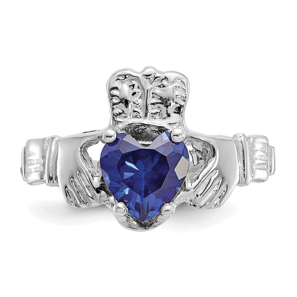 14k White Gold September Blue Sapphire Heart Claddagh Ring- Sparkle & Jade-SparkleAndJade.com R507