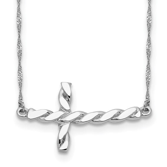 14k White Gold Twisted Polished Sideways Cross 17 Inch Necklace