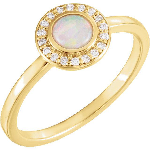 14k White Rose or Yellow Gold Bezel Round Genuine Australian Opal & Diamond Halo Ring- Sparkle & Jade-SparkleAndJade.com 71821:601:P