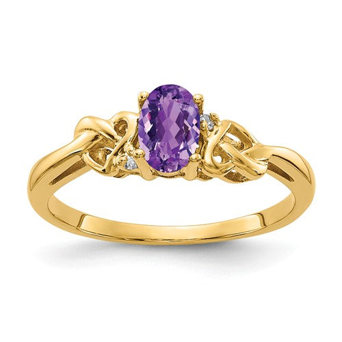 14k Yellow Gold 6x4mm Oval Amethyst and AA Diamond Heart Knot Side Ring- Sparkle & Jade-SparkleAndJade.com Y4690AM/AA