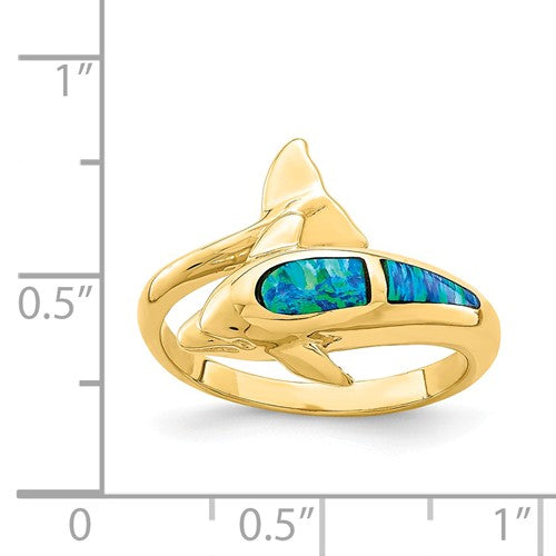 14k Yellow Gold Blue Created Opal Dolphin Wrap Ring- Sparkle & Jade-SparkleAndJade.com R656