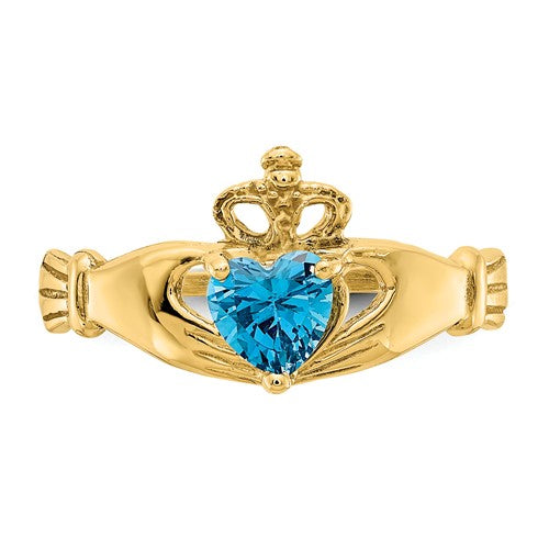 14k Yellow Gold Blue Heart Polished Claddagh Ring- Sparkle & Jade-SparkleAndJade.com D1803