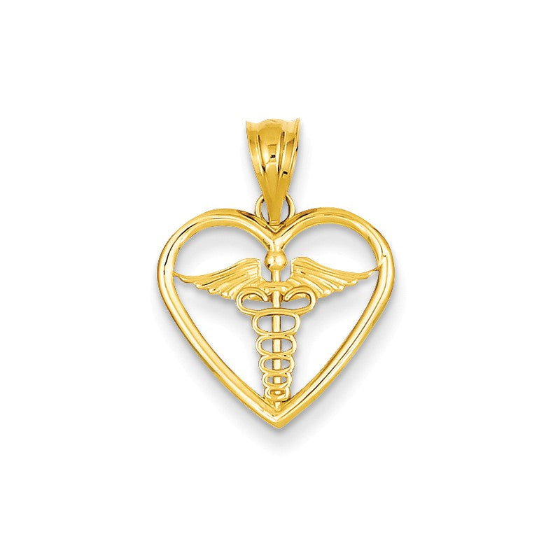 14k Yellow Gold Caduceus Heart Pendant- Sparkle & Jade-SparkleAndJade.com K4936