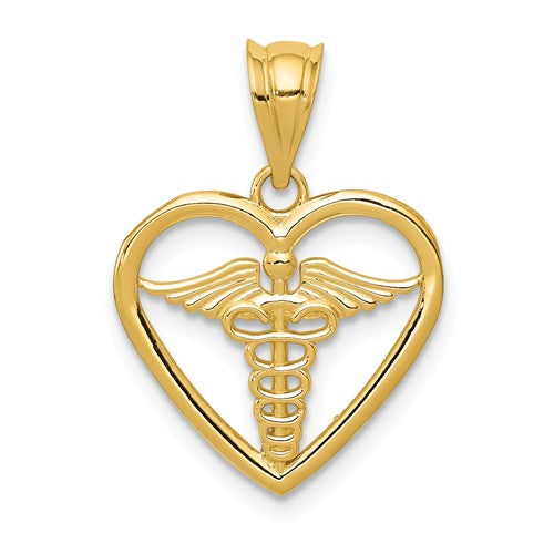 14k Yellow Gold Caduceus Heart Pendant- Sparkle & Jade-SparkleAndJade.com K4936
