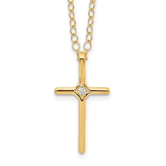 14k Yellow Gold Children's .01ct Diamond Cross 15" Necklace- Sparkle & Jade-SparkleAndJade.com GK331-15