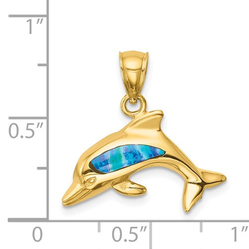 14k Yellow Gold Created Blue Opal Dolphin Pendant- Sparkle & Jade-SparkleAndJade.com C4596