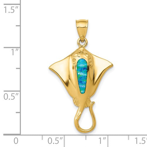 14k Yellow Gold Created Blue Opal Stingray Pendant- Sparkle & Jade-SparkleAndJade.com K6043