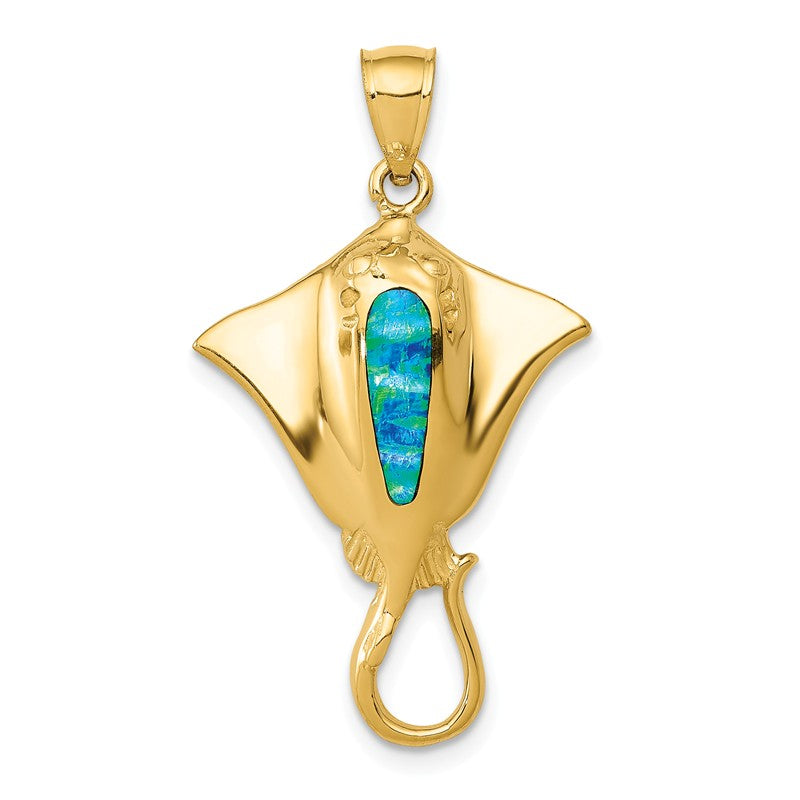 14k Yellow Gold Created Blue Opal Stingray Pendant- Sparkle & Jade-SparkleAndJade.com K6043