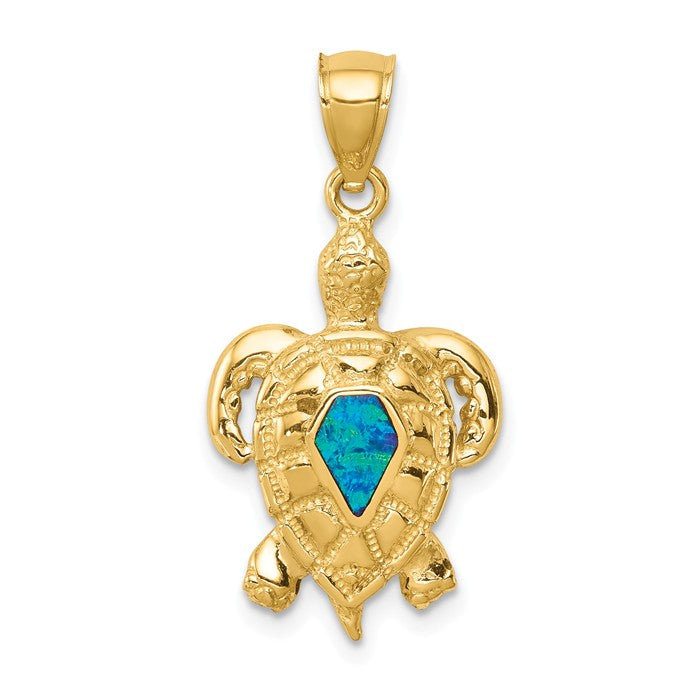 14k Yellow Gold Created Blue Opal Turtle Pendant- Sparkle & Jade-SparkleAndJade.com K6037 C4599