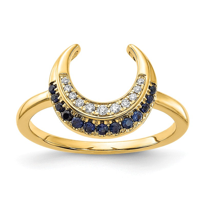 14k Yellow Gold Crescent Moon Blue Sapphire And Diamond Ring- Sparkle & Jade-SparkleAndJade.com RM6847-SA-005-YA